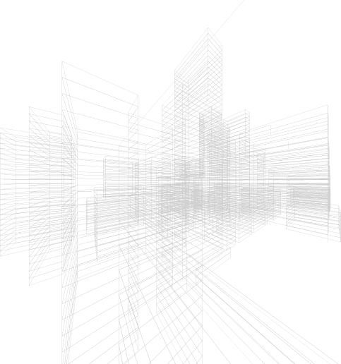 Abstract black geometric lines forming a modern, cityscape-like design on a transparent background.