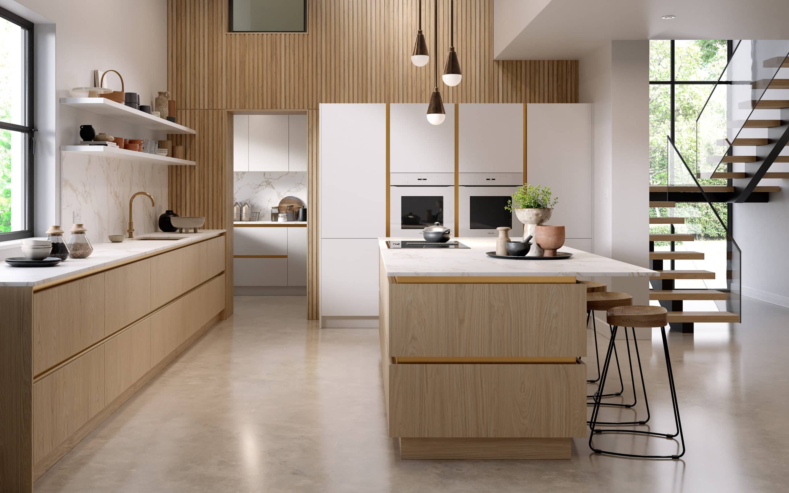 Modern kitchen with wood cabinets, an island with stools, and large windows letting in natural light.