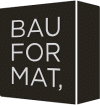 Black cube with "BAU FORMAT," written in white text.