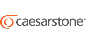 Caesarstone logo with orange swirl and gray text on a white background.
