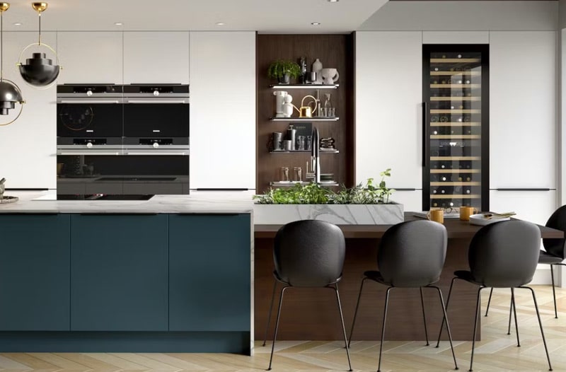 Modern kitchen with island, bar stools, built-in ovens, open shelves, and a wine fridge.