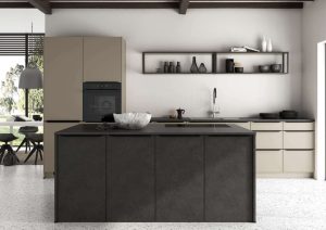 Modern kitchen with a dark island, light cabinets, open shelves, and large windows.
