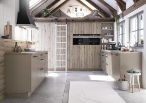 Modern kitchen with wood accents, large windows, and a loft above accessible by a ladder.
