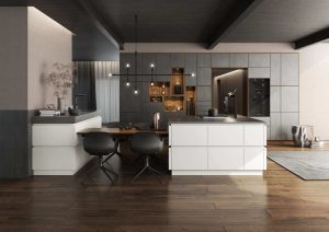 Modern kitchen with white cabinets, a dining area, and dark wooden floors.