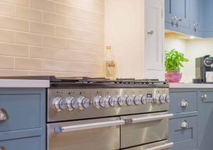 A modern kitchen with a stainless steel oven, blue cabinets, and a potted plant on the counter.